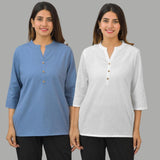 Combo of 2 White and Sky Blue Cotton Flax Women Top