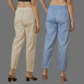 Combo of 2 Women Beige Blue Cotton Trouser Pant