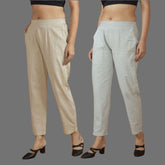 Combo of 2 Women Beige Light Gray Cotton Trouser Pant