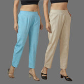 Combo of 2 Women Beige Sky Blue Cotton Trouser Pant