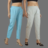 Combo of 2 Women Light Gray Sky Blue Cotton Trouser Pant