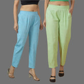 Combo of 2 Women Mint Green Sky Blue Cotton Trouser Pant