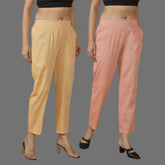 Combo of 2 Women Peach Yellow Cotton Trouser Pant
