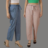 Combo of 2 Women White Pink Cotton Checks Belt Pant