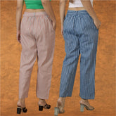 Combo of 2 Women White Pink Cotton Checks Belt Pant