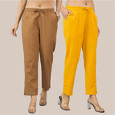 Combo of 2 Yellow and Brown Cotton Flax Women Trouser Pant-10358