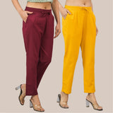 Combo of 2 Yellow and Maroon Cotton Flax Women Trouser Pant-10388