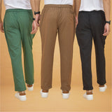 Combo of 3 Brown Black and Bottle Green Cotton Regular Trouser Pants-42385