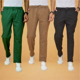 Combo of 3 Brown Black and Bottle Green Cotton Regular Trouser Pants-42385