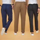 Combo of 3 Brown Black and Navy Blue Cotton Regular Trouser Pants-42430