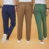 Combo of 3 Brown Navy Blue and Bottle Green Cotton Regular Trouser Pants-42376