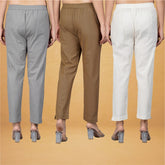 Combo of 3 Cotton White Brown and Gray Women Regular Fit Solid Trousers-43438