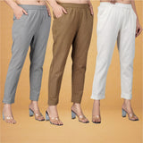 Combo of 3 Cotton White Brown and Gray Women Regular Fit Solid Trousers-43438