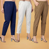 Combo of 3 Cotton Beige Brown and Navy Blue Women Regular Fit Solid Trousers-43318