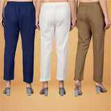 Combo of 3 Cotton Beige Brown and Navy Blue Women Regular Fit Solid Trousers-43318