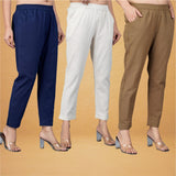 Combo of 3 Cotton Beige Brown and Navy Blue Women Regular Fit Solid Trousers-43318