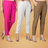 Combo of 3 Cotton Beige Brown and Pink Women Regular Fit Solid Trousers