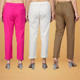 Combo of 3 Cotton Beige Brown and Pink Women Regular Fit Solid Trousers