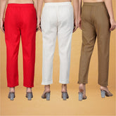 Combo of 3 Cotton Beige Brown and Red Women Regular Fit Solid Trousers