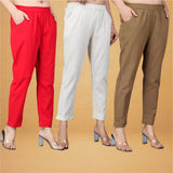 Combo of 3 Cotton Beige Brown and Red Women Regular Fit Solid Trousers
