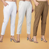 Combo of 3 Cotton Beige Brown and White Women Regular Fit Solid Trousers