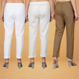 Combo of 3 Cotton Beige Brown and White Women Regular Fit Solid Trousers