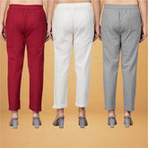 Combo of 3 Cotton Beige Gray and Maroon Women Regular Fit Solid Trousers