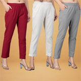 Combo of 3 Cotton Beige Gray and Maroon Women Regular Fit Solid Trousers