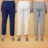 Combo of 3 Cotton Beige Gray and Navy Blue Women Regular Fit Solid Trousers