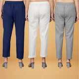 Combo of 3 Cotton Beige Gray and Navy Blue Women Regular Fit Solid Trousers