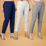 Combo of 3 Cotton Beige Gray and Navy Blue Women Regular Fit Solid Trousers