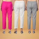 Combo of 3 Cotton Beige Gray and Pink Women Regular Fit Solid Trousers