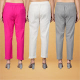Combo of 3 Cotton Beige Gray and Pink Women Regular Fit Solid Trousers