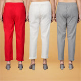 Combo of 3 Cotton Beige Gray and Red Women Regular Fit Solid Trousers