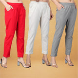 Combo of 3 Cotton Beige Gray and Red Women Regular Fit Solid Trousers