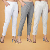 Combo of 3 Cotton Beige Gray and White Women Regular Fit Solid Trousers