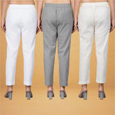 Combo of 3 Cotton Beige Gray and White Women Regular Fit Solid Trousers