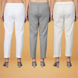 Combo of 3 Cotton Beige Gray and White Women Regular Fit Solid Trousers