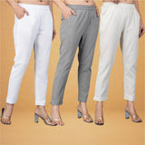 Combo of 3 Cotton Beige Gray and White Women Regular Fit Solid Trousers