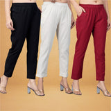 Combo of 3 Cotton Beige Maroon and Black Women Regular Fit Solid Trousers