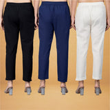 Combo of 3 Cotton Beige Navy Blue and Black Women Regular Fit Solid Trousers