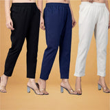 Combo of 3 Cotton Beige Navy Blue and Black Women Regular Fit Solid Trousers