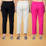 Combo of 3 Cotton Beige Pink and Black Women Regular Fit Solid Trousers