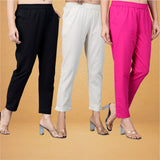 Combo of 3 Cotton Beige Pink and Black Women Regular Fit Solid Trousers