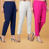 Combo of 3 Cotton Beige Pink and Navy Blue Women Regular Fit Solid Trousers