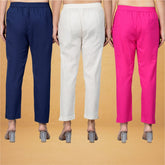 Combo of 3 Cotton Beige Pink and Navy Blue Women Regular Fit Solid Trousers