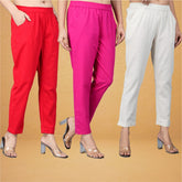 Combo of 3 Cotton Beige Pink and Red Women Regular Fit Solid Trousers
