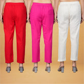 Combo of 3 Cotton Beige Pink and Red Women Regular Fit Solid Trousers