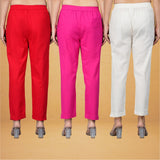 Combo of 3 Cotton Beige Pink and Red Women Regular Fit Solid Trousers