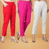Combo of 3 Cotton Beige Pink and Red Women Regular Fit Solid Trousers